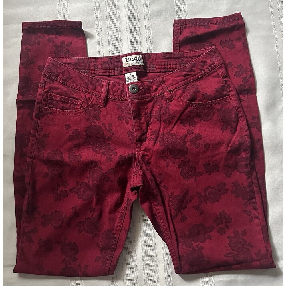 Mudd Junior Size 9 Floral Denim Pants Y2K Style Low Rise Skinny Jeans